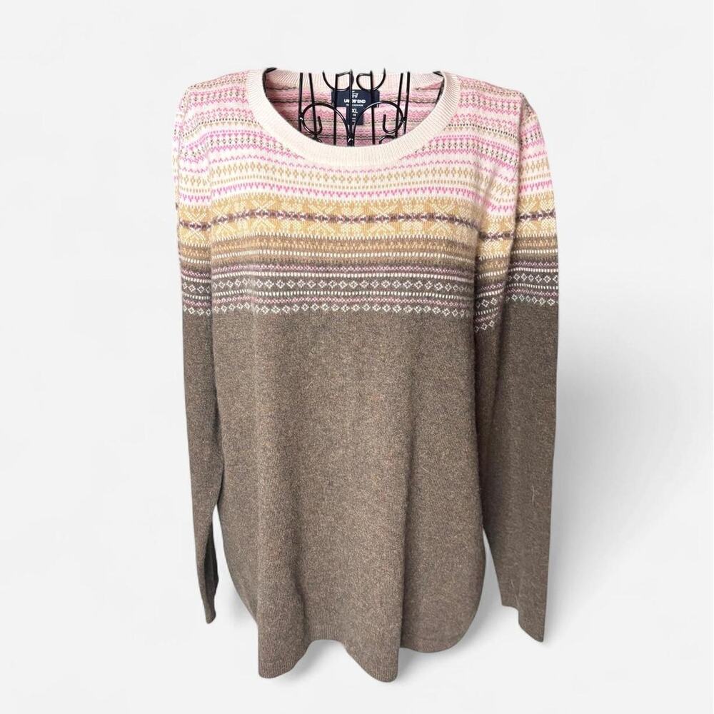 Lands' End Womens XL 18 Cashmere Fair Isle Sweater Brown Pink Patterned Crewneck